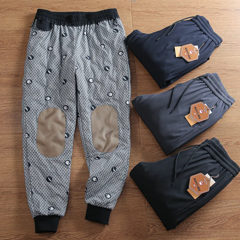 

Winter Men's White Goose Down Pants Knee Graphene Heating Inner Lining Cold-Proof Warm Elastic Waist Down Casual Trousers