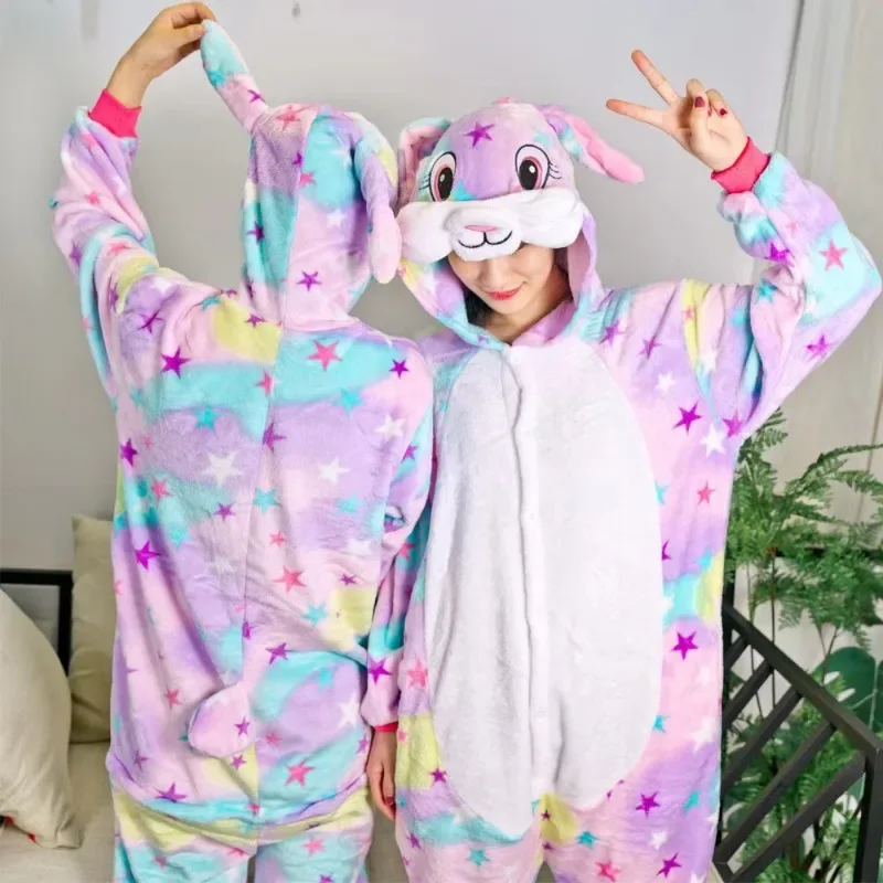 Adult Spring Fall Cartoon Animal Pijamas Sleepwear Rainbow Star Rabbit Jumpsuits Girls Suit Sets Bunny