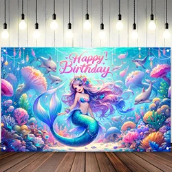 Mermaid happy birthday background photo props, happy birthday polyester banner decoration, birthday party wall decoration