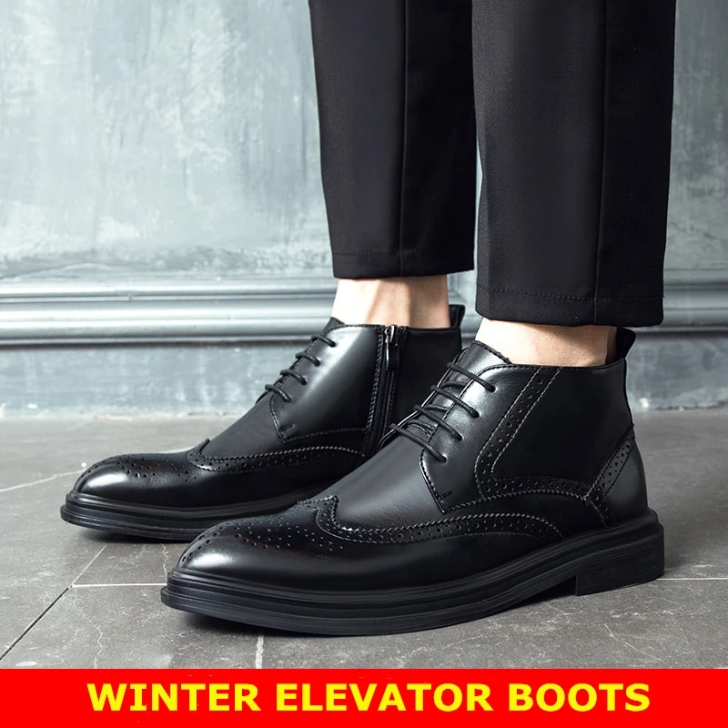 Autumn Winter Man Platform Boots Warm Height Increasing Boots Men Brogues Leather Shoes High Heel Shoes Male Elevator Boots