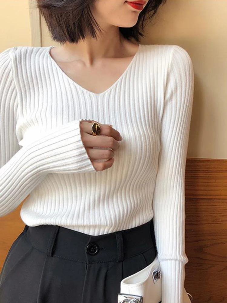 2024 Autumn Winter Women Solid Rib Knit V Neck Stripe Pull Sweater Femme Long Sleeve Pullover Jersey Tops Fashion Clothes Y2k