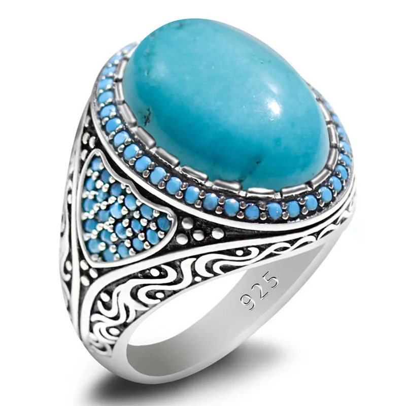 خواتم كلاسيكية مصنوعة يدويًا من تركيا الفيروز الطبيعي للرجال والنساء موضة 925 من الفضة الإسترليني مجوهرات الذكرى السنوية هدية للحفلات #3