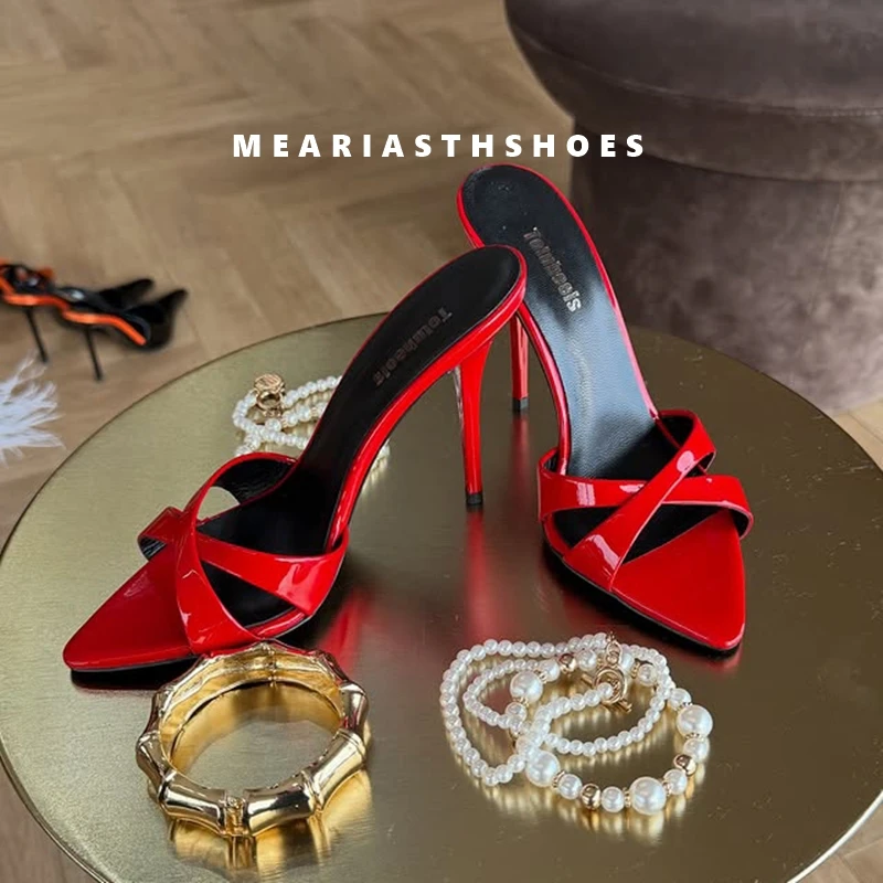 Colorful leather pointy open toe leaher slippers for women Stilettos red/pink/black big size good quality mules party sexy shoes