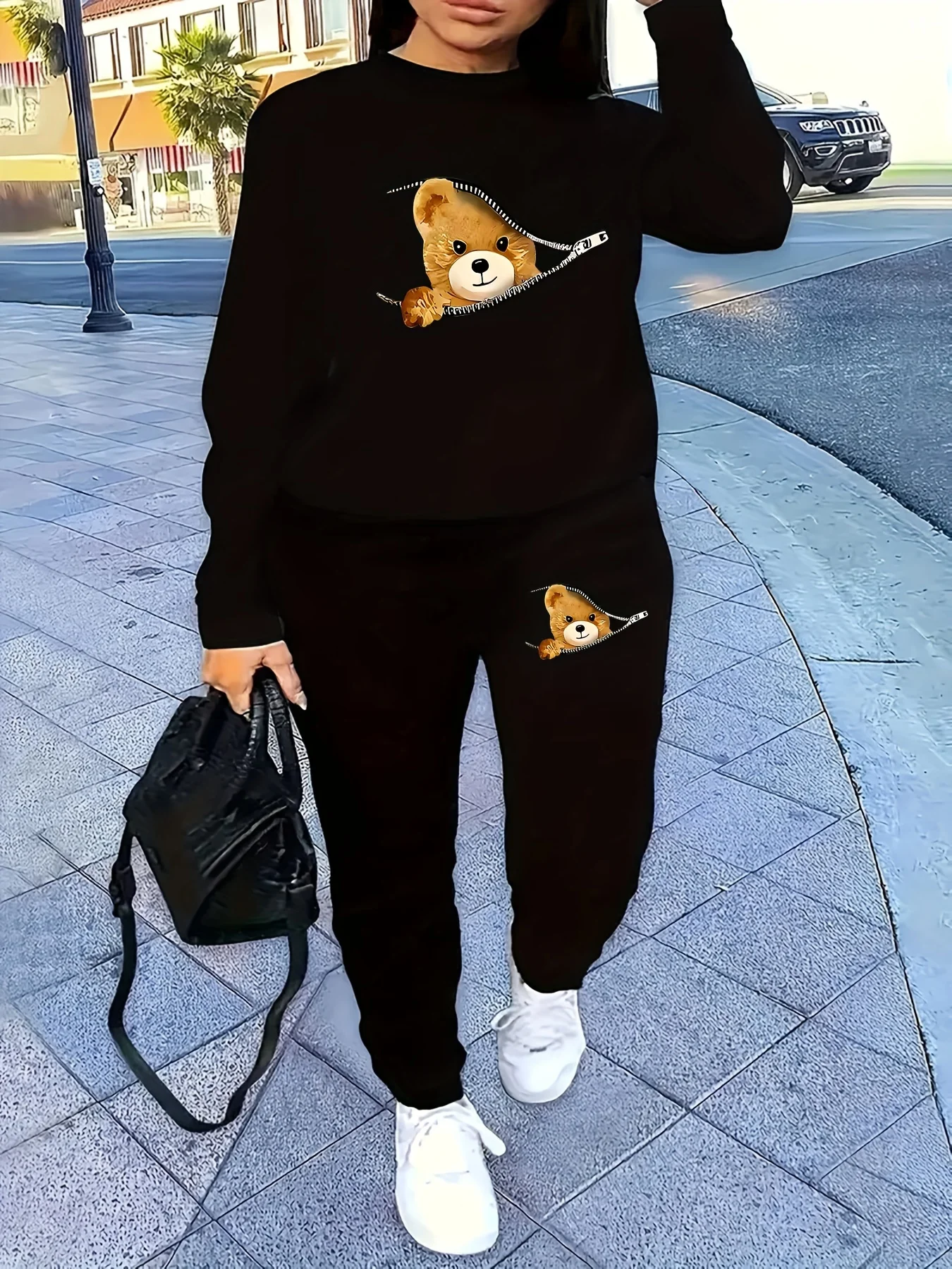 

Женская осенне-зимняя повседневная уличная модная спортивная рубашка с круглым вырезом на молнии и принтом медведя в стиле хип-хоп + спортивные штаны, теплый комплект