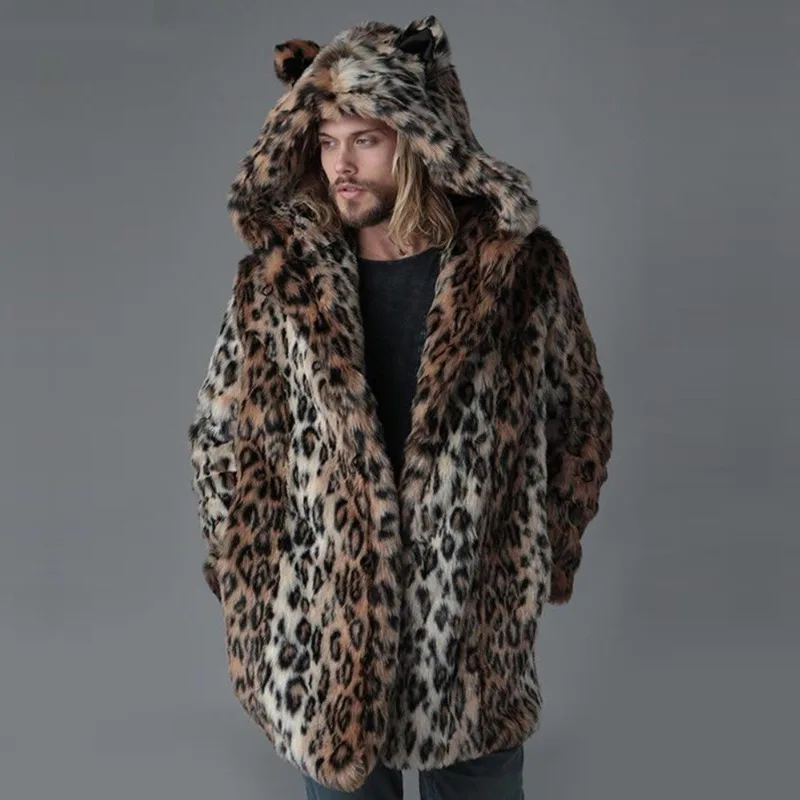 

Luxury Mens Winter Faux Fur Coat Leopard Print Hooded Warm Fur Jacket Eco-friendly New Comfortable Casual Fashion Versatile Soft