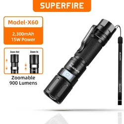 SUPERFIRE X60 xhp50 900 lm LED-Taschenlampe, zoombar, USB-C, wiederaufladbar, 18650 Akku, EDC-Taschenlampe, wasserdicht, für Camping-Laterne