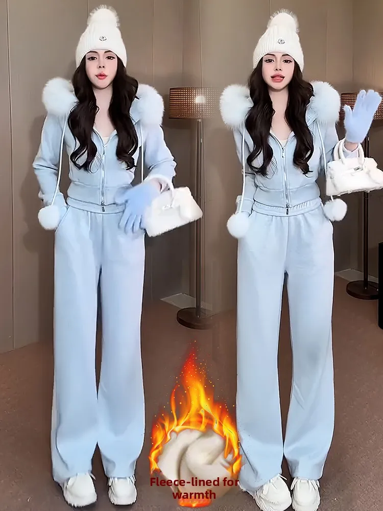 

Комплект из двух предметов: толстовка с капюшоном и широкие брюки, повседневный спортивный стиль, зимний, теплый, с высокой талией, на молнии, женский...