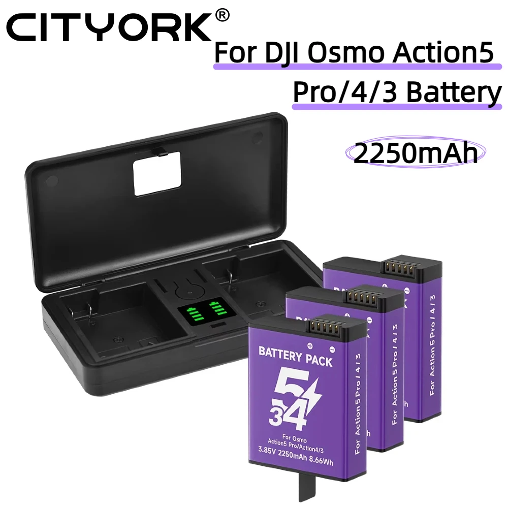 For DJI Osmo Action 5 Pro Battery Pack 2250mAh Action 4 Camera Batteries and 2 Slots LCD Charger Type C USB Action 3 Bateria Kit