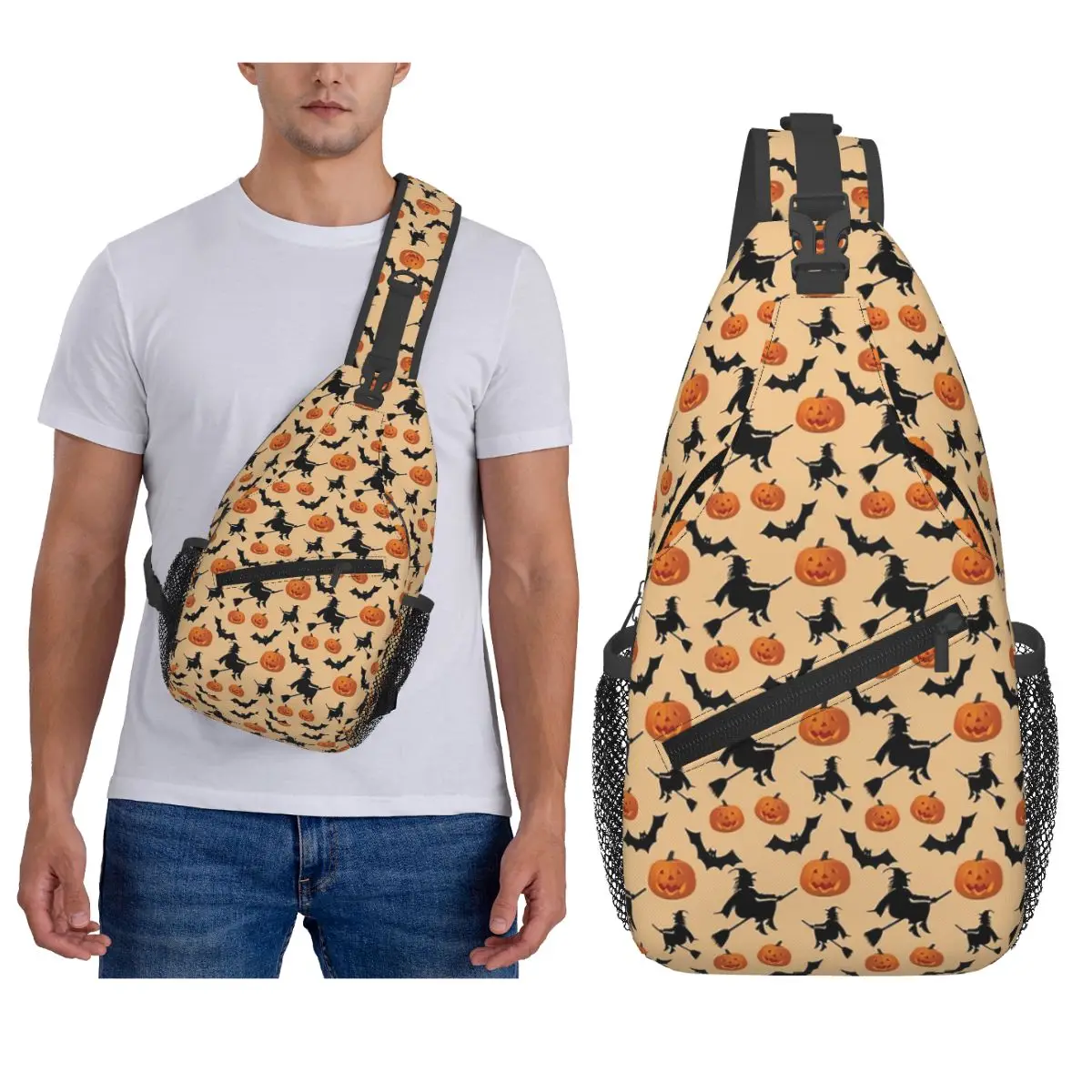 Halloween Pattern Witch Pumpkin And Bats Chest Bag Men Sling Crossbody Backpack Chest Bag Traveling Hiking Daypack Shoulder Bag