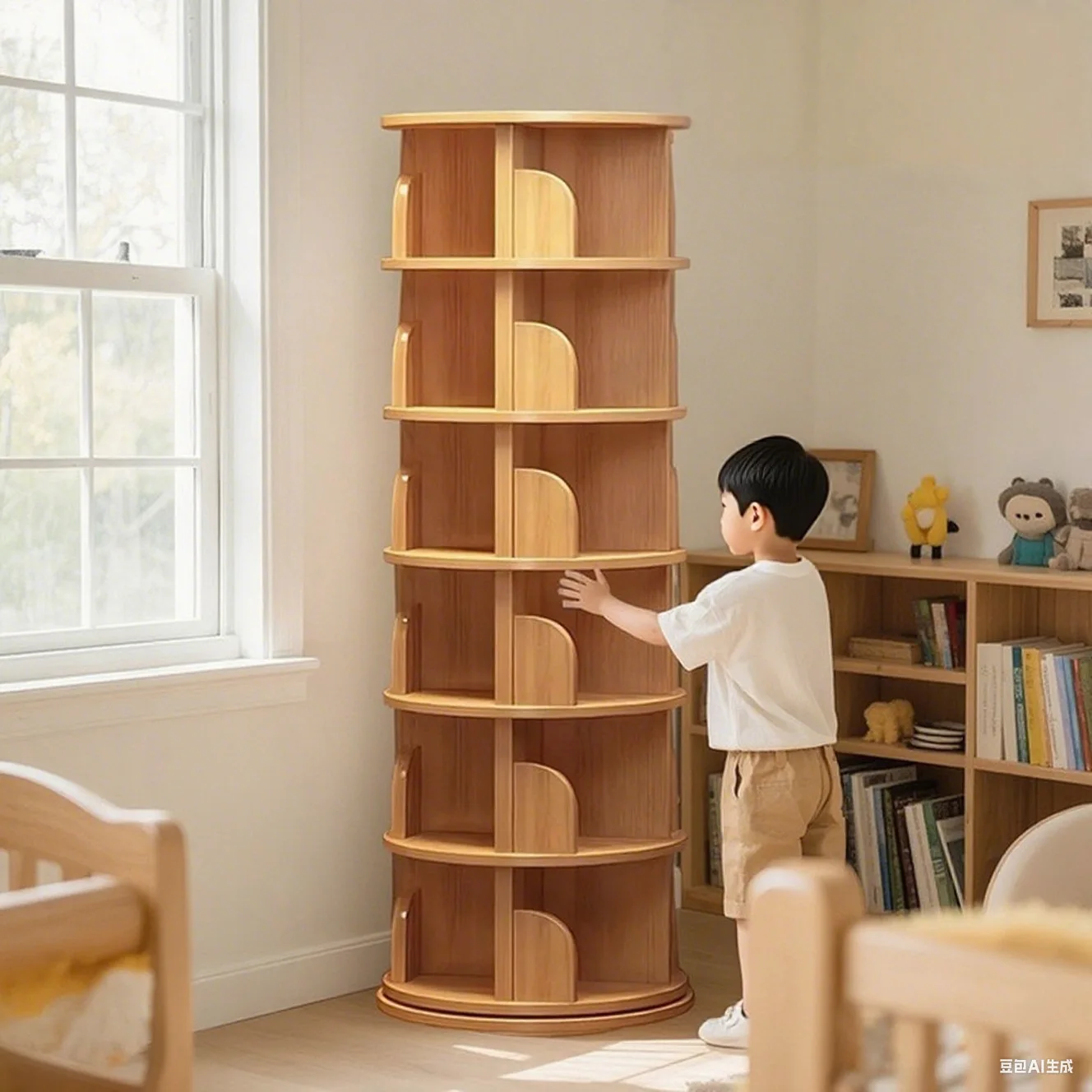 Modern solid wood floor storage rack 360 degree rotation multifunctional 8 layer bookshelf home