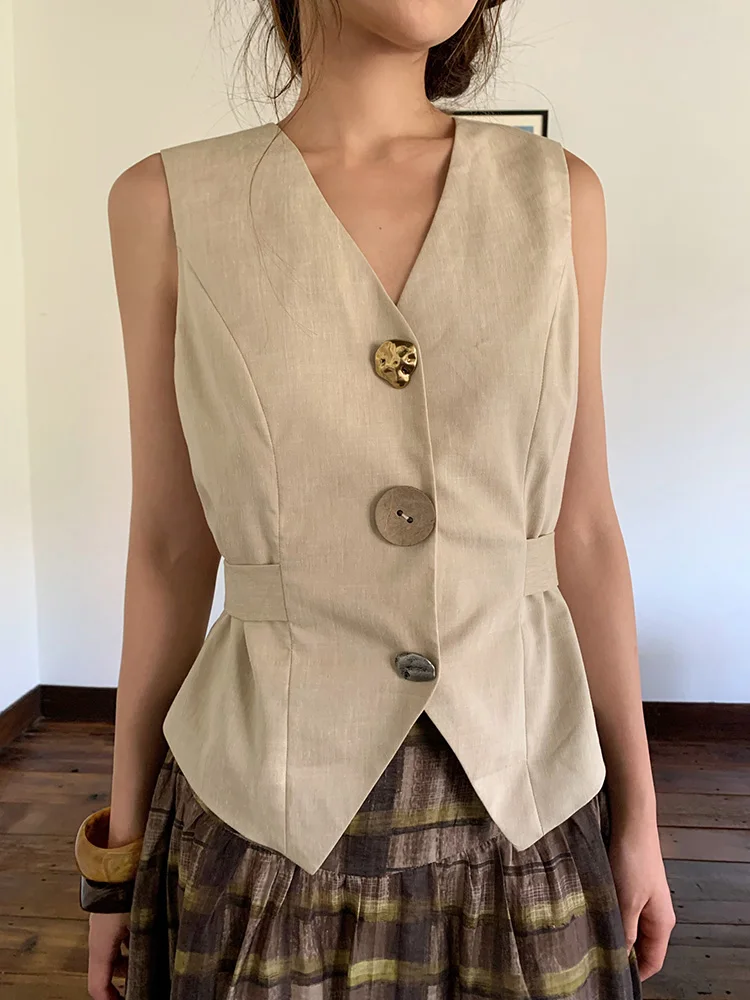 Fashion Street 2025 Summer New Chinese Style Sleeveless Vest Women Tie Waist button design high quality Casual Vest Top