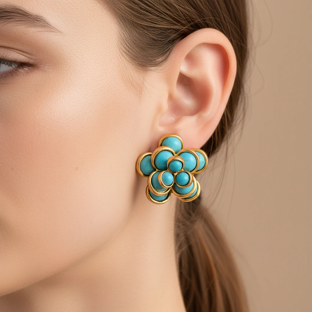 18K Gold Plated Camellia Turquoise Earrings for Women