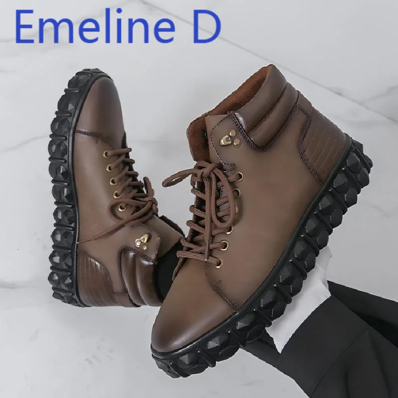

Lace Up High Top Shoes Fashionable British Style Brown Lace Up Thick Sole Increased Height Casual Comfortable Retro LeatherShoes