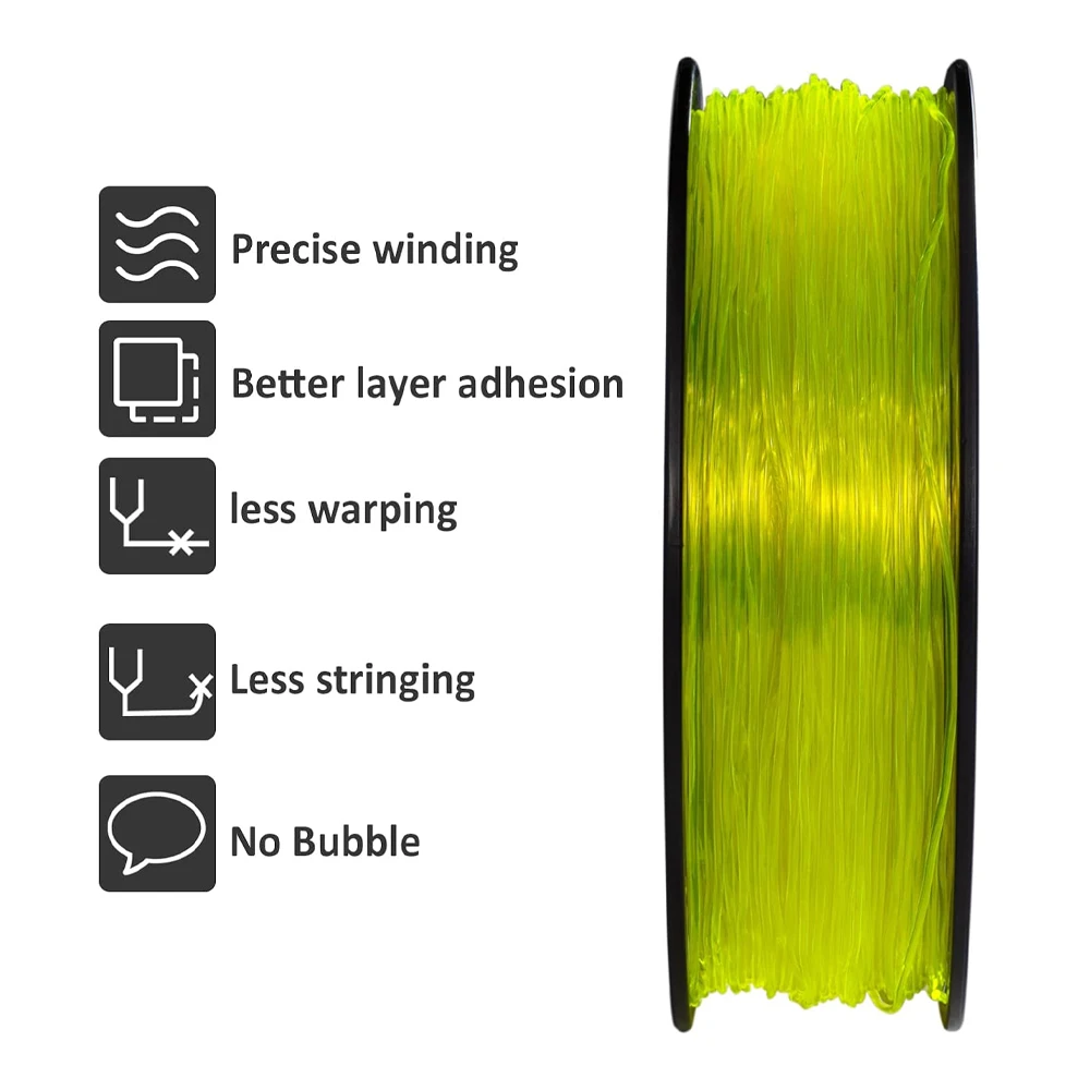 TPU 1.75 مم مرن +/- 0.03 مم خيوط طابعة ثلاثية الأبعاد أصفر شفاف، بكرة 95 أمبير 250 جرام (0.55 رطل)