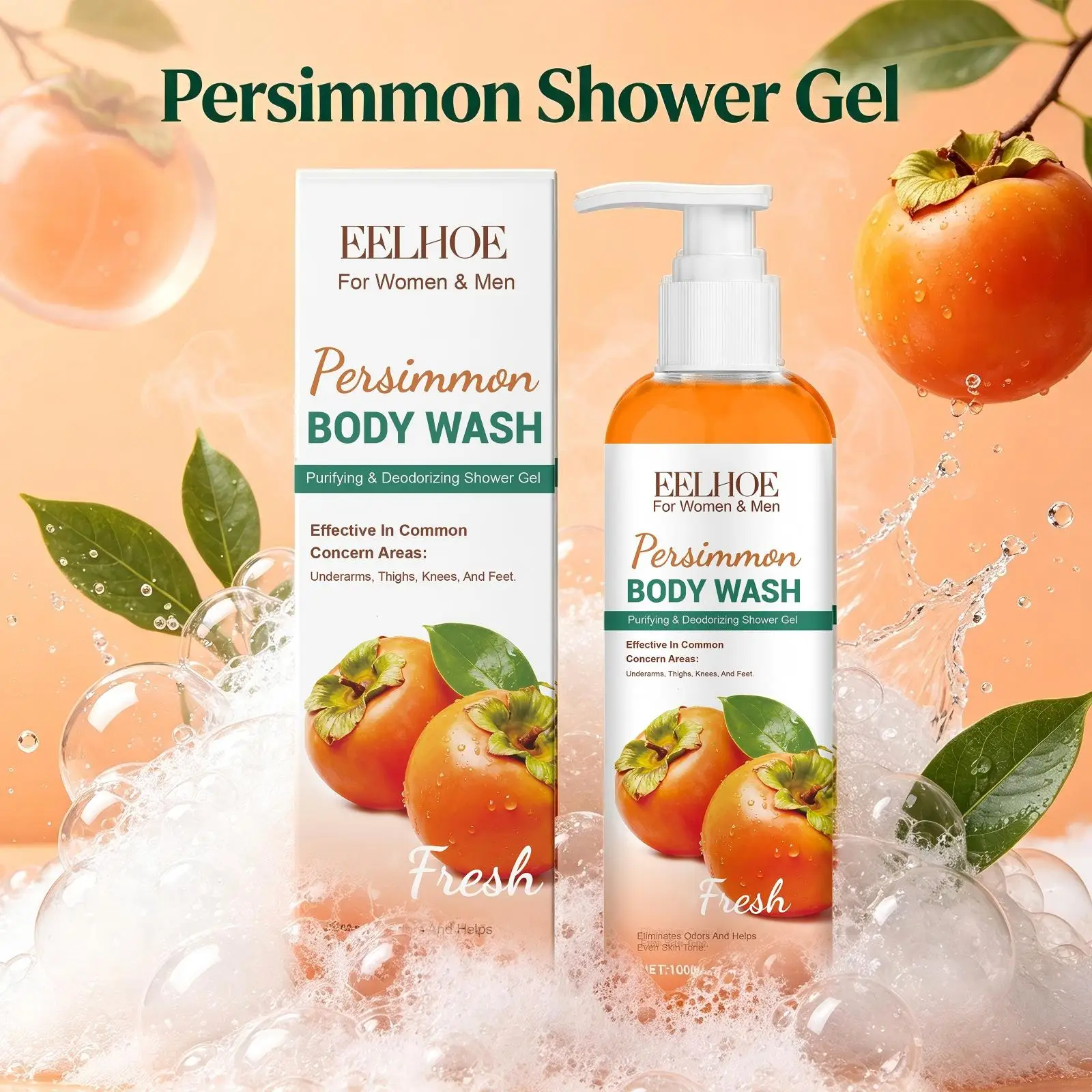 Persimmon Body Wash Deodorizing Shower Gel for Men & Women Odor Eliminating Oil and Impurity Control Fresh Body Cleanser 100ml