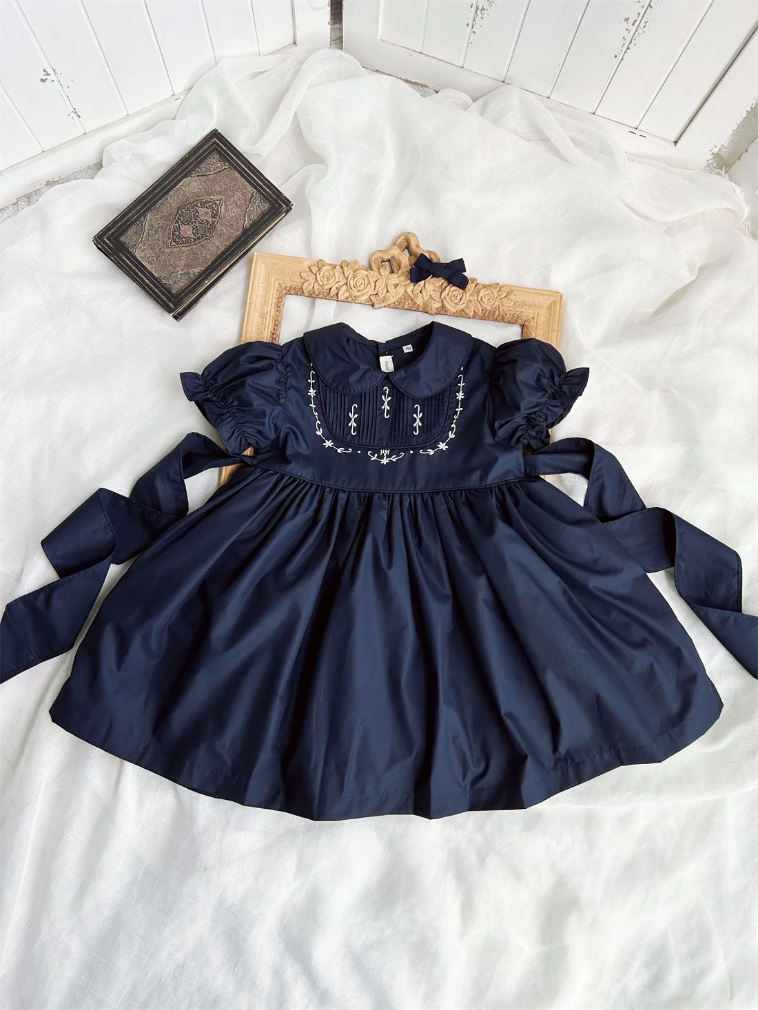 

Лето 2024, винтажная вышитая одежда Petit Nez Deep Blue ort Sve для девочек Dr Princ Sle, хлопчатобумажная ткань, детская одежда