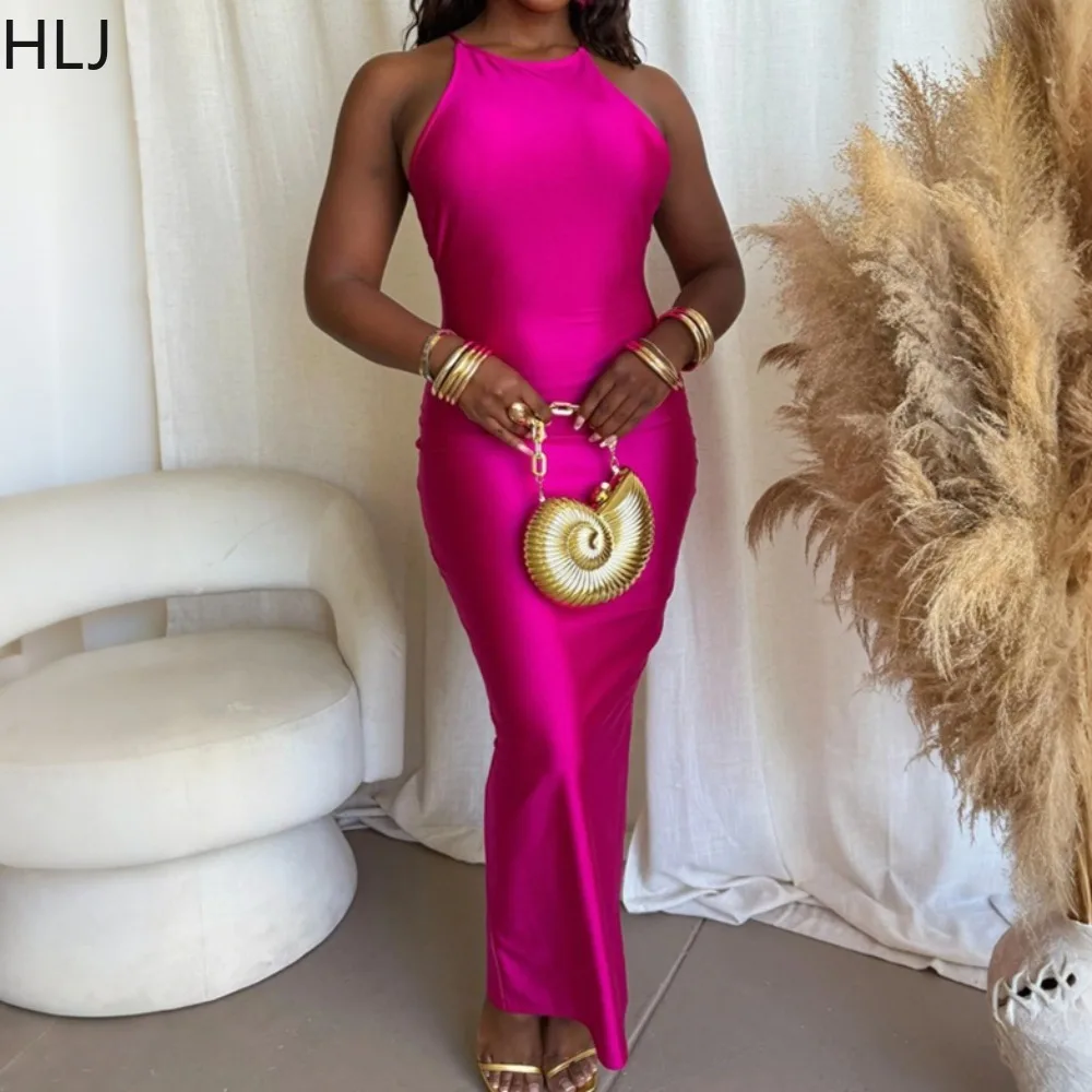 

HLJ Sexy Bodycon Long Dresses Women Solid Color Halter Sleeveless Backless Elasticity Dress Female Streetwear Vestidos Summer