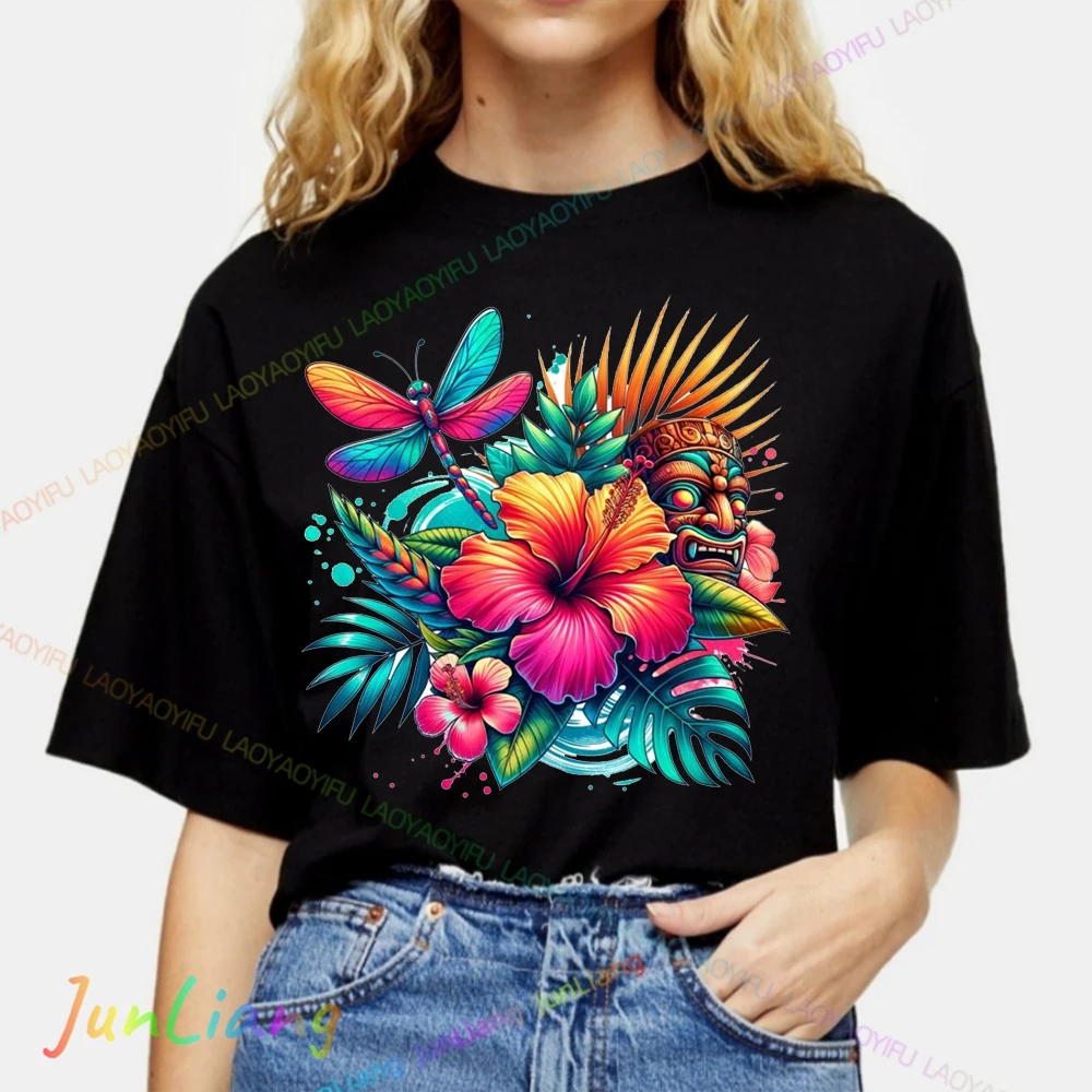 هاواي تيكي نمط كاهونا المشروبات الاستوائية الكوكتيلات لواو ملابس الحفلات Y2k للنساء 100% القطن امرأة الملابس تي شيرت