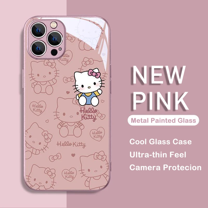 Cartoon Hello Kitty Metallic-Color Phone Case For iPhone X XR XS 16 15 14 13 12 Mini 11 Pro Max 7 8 SE 20 Plus Glass Hard Cover