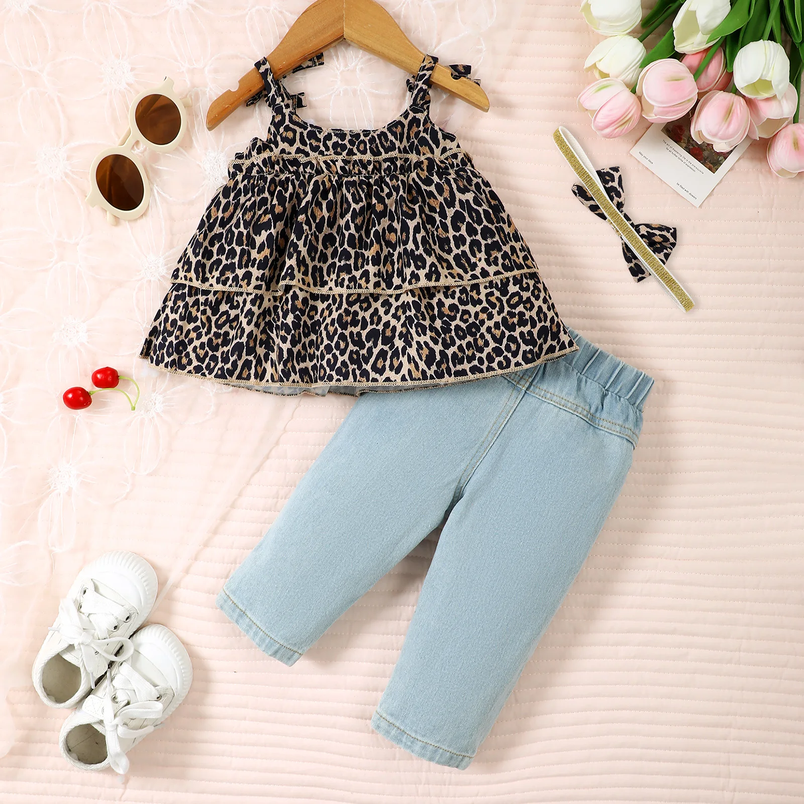 Baby Girl Summer Fashion 3PCS Leopard Print Clothes Set Camisole Top + Denim Trousers + Hairband Vacation Wear for Toddler Girls