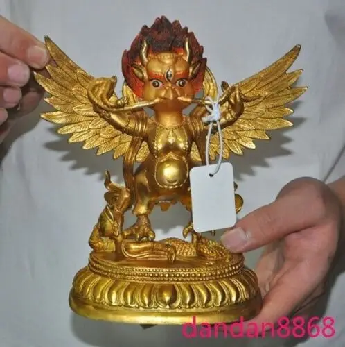 7" Tibet Buddhism bronze Gilt Redpoll Winged Garuda Bird Eagle Buddha statue