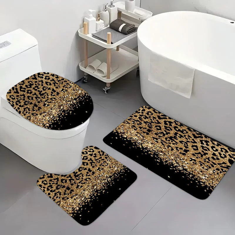 

3pcs Luxury Leopard Bathroom Rug Set Non-Slip U-Shaped Mat and Toilet Lid Cover Black Gold Animal Theme Washable Floor Mats