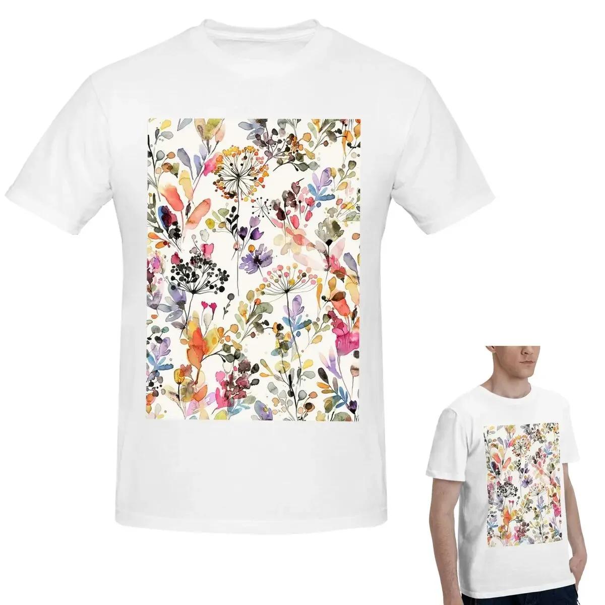 

100% Cotton Wild Flowers And Plants Watercolor T-Shirt Men's Funny Oversized T Shirt Men Round Neck Summer Shirts Tops S-6XL