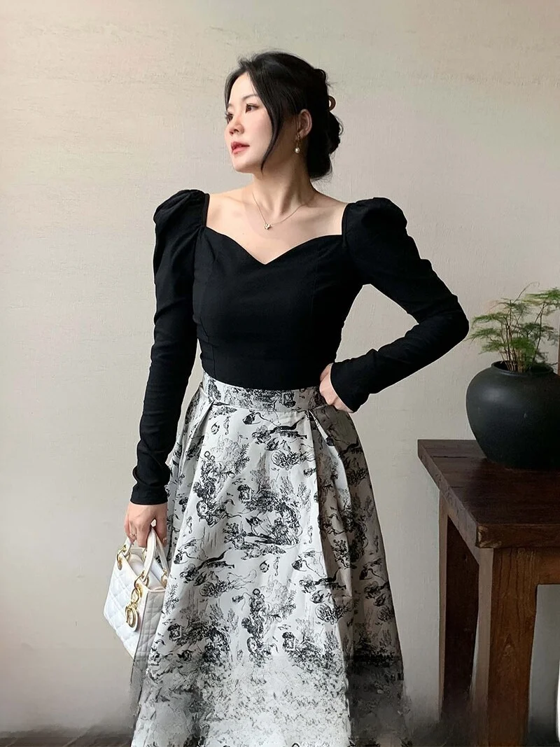 

Slim Fit Vintage Bubble Sleeve T-Shirt plus Size Spring 2024 New Arrival MOLE Brand Women's Fashion Casual V-Neck Long Sleeve