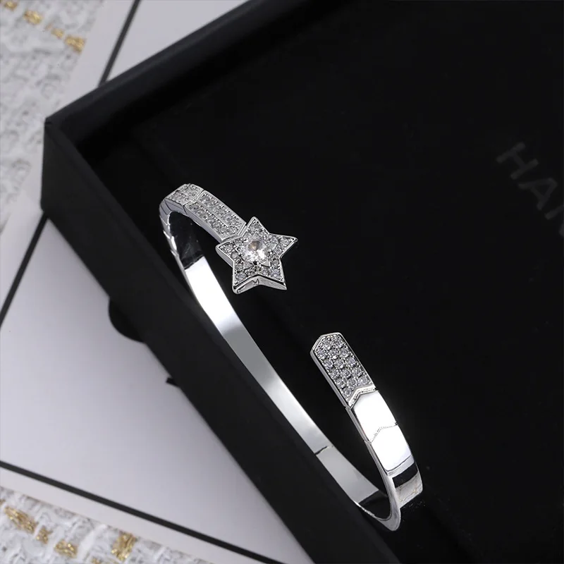 

New 925 silver, five-pointed star, adjustable, zircon, open bracelet, versatile bracelet for women, wedding and birthday party