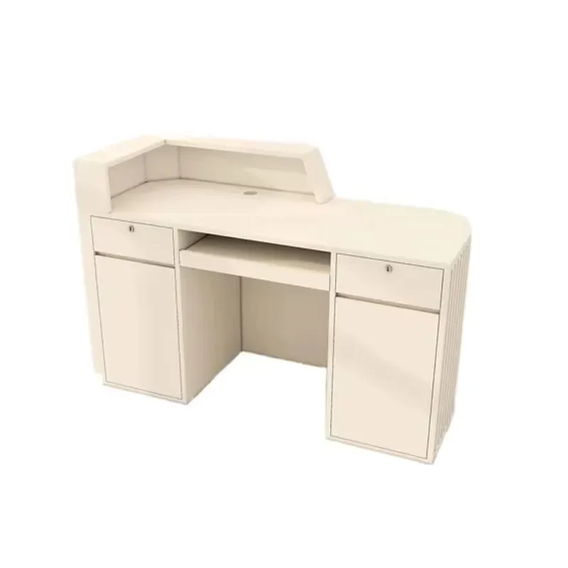 Modern Curved Wood Multi Function Reception Desk with Vinyl Lining for Office Hotel Shopping Mall Commercial Space