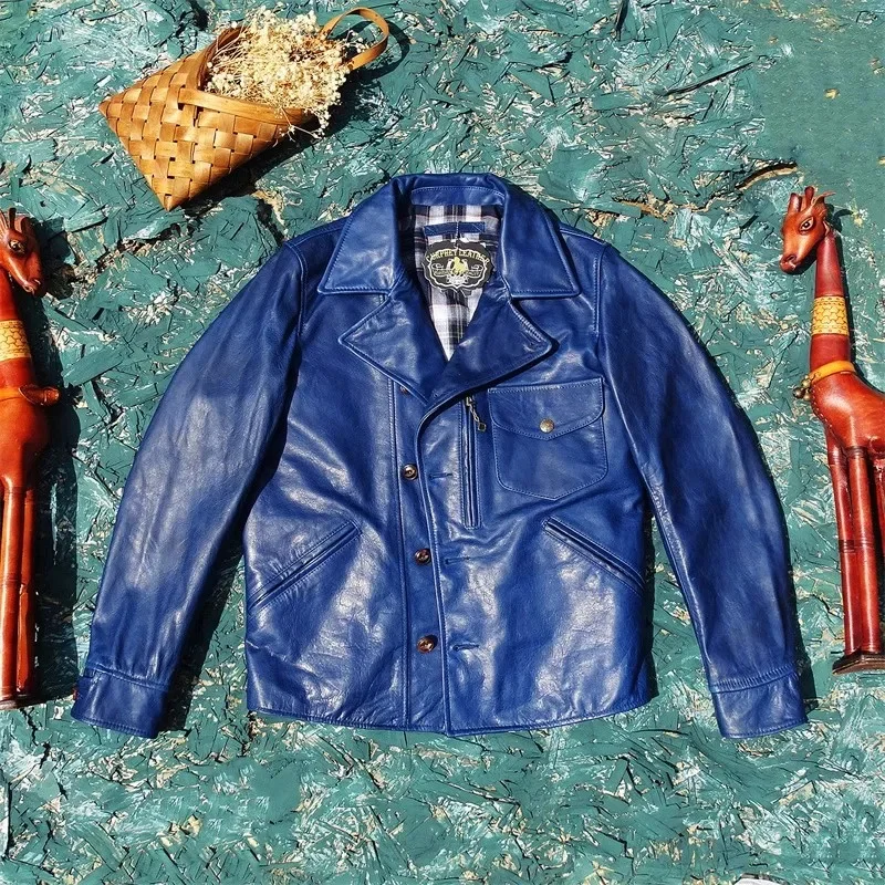 SHop Top.Soft natural horsehide cloth.100% real tanned leather jacket.Classic Moto Rider coat.indigo.Plus size.