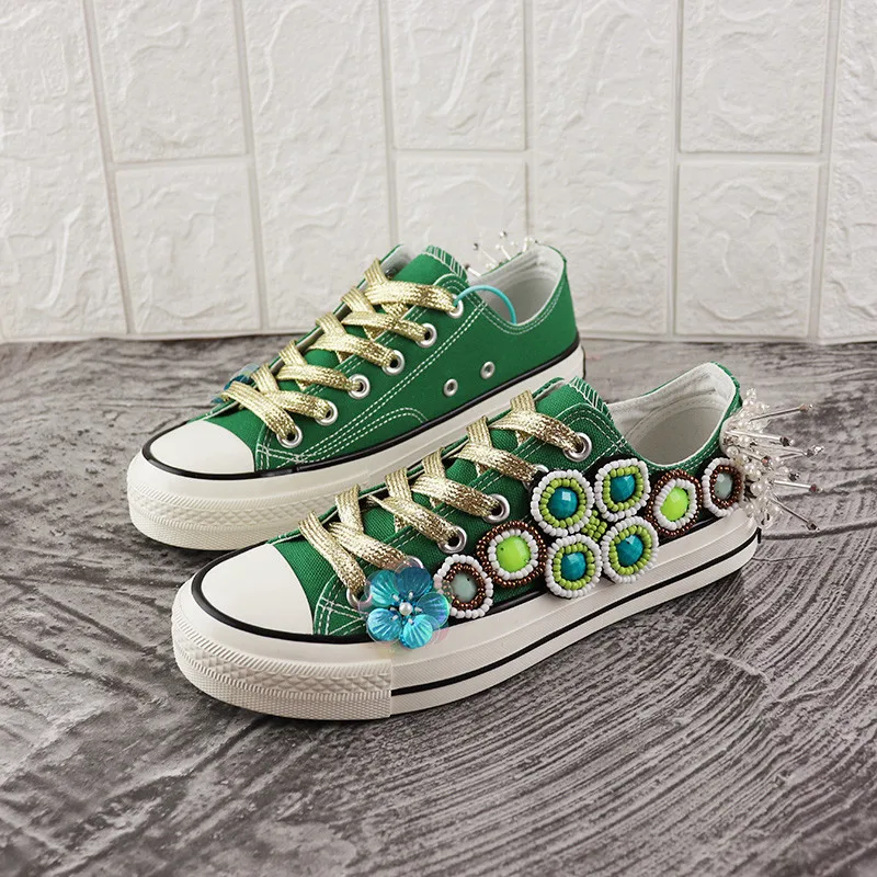 Europe Station Spring/Summer Heavy Industry Canvas Shoes Green Women Rhinestone Casual Shoes Women Sneaker Hand-made