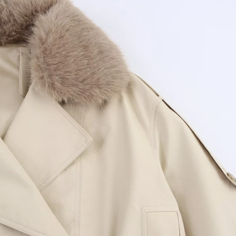 Casual Fur Collar Trench Short Coat Women‘s Lapel Double Breasted Pockets Full Sleeve Street Jacket 2025 Autumn Lady Outerwear