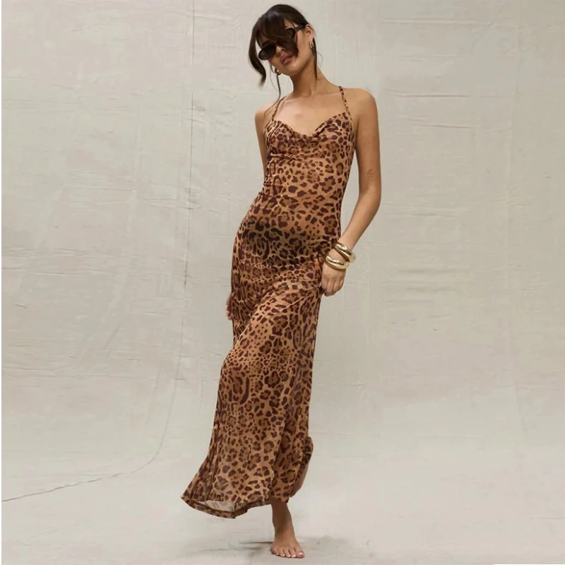 

Leopard Print V-Neck Sexy Bodycon Long Dress Women Lace Up Backless Summer Dresses Female Straps Nightclub Party Beach Vestidos