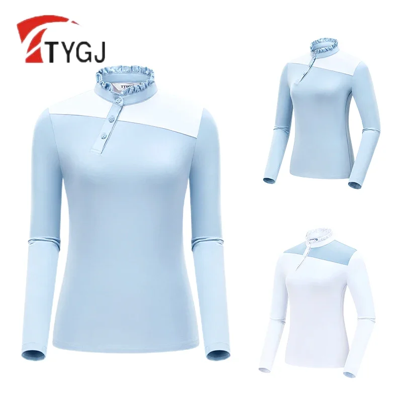 TTYGJ Women Long Sleeve Sunscreen Golf T-shirt Ladies Ruffle Collar Sports Tops Women Patchwork Fast Dry Slim Shirt Leisure