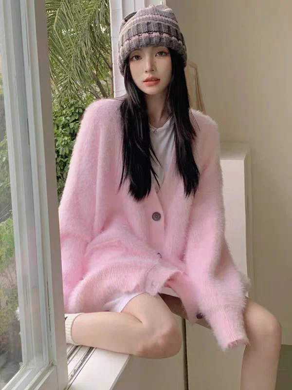 ゆったりとした女性のニットセーターコート冬フェイクミンクアウターウェアVネックロングスリーブ暖かい厚手カジュアルスリーブ春と秋