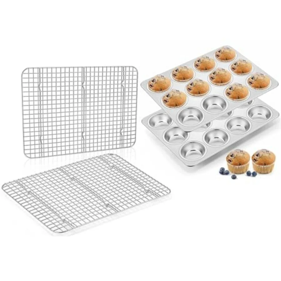 

Охлаждающие подставки из 4 упаковок с набором форм для кексов, поднос для кексов из нержавеющей стали, 12 чашек для выпечки, большая нержавеющая сталь 16,5 x 11,5