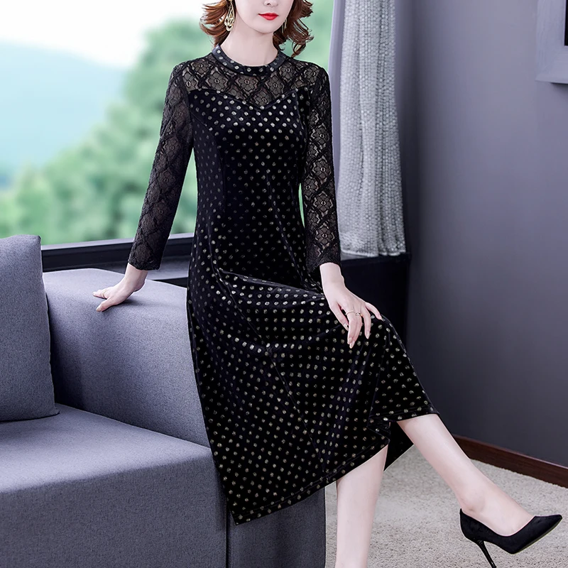 NYFS الدانتيل المرقعة الذهبي المخملية جديد الخريف طويلة الأكمام فساتين امرأة Vestidos رداء Ete فام Elbise فستان طويل فضفاض