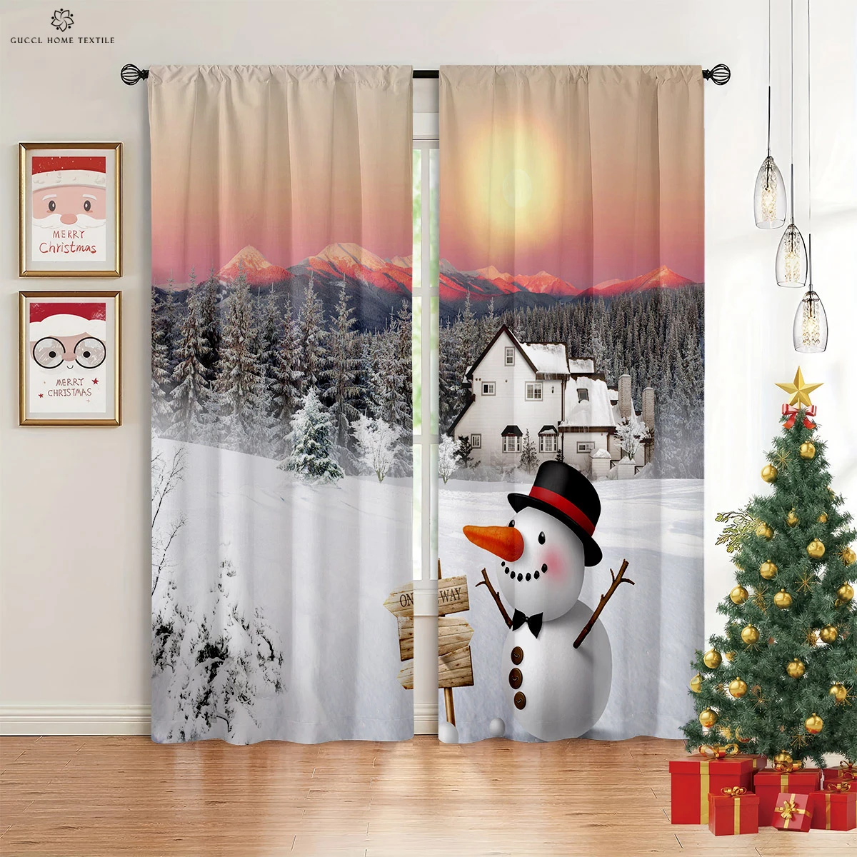 

Cartoon Christmas Snowman Santa Claus Print Window Curtain, Bedroom, Living Room, New Year Decoration, Holiday Gift, 2Pcs