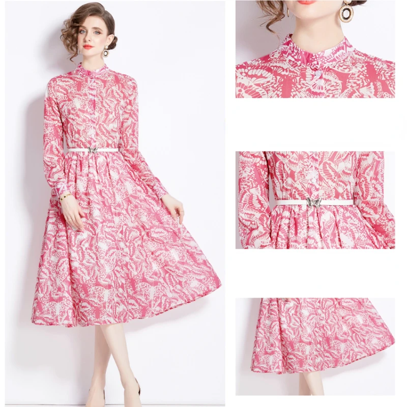 2024 Spring/Summer New Printed Butterfly Long Sleeved Belt Slim Fit Dress Pink Skirt