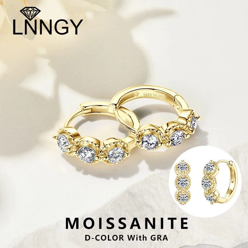 

Lnngy Certified 2.7mm/3mm/4mm Moissanite Hoop Earring 925 Sterling Silver Three Stones Earrings For Women Jewelry With GRA