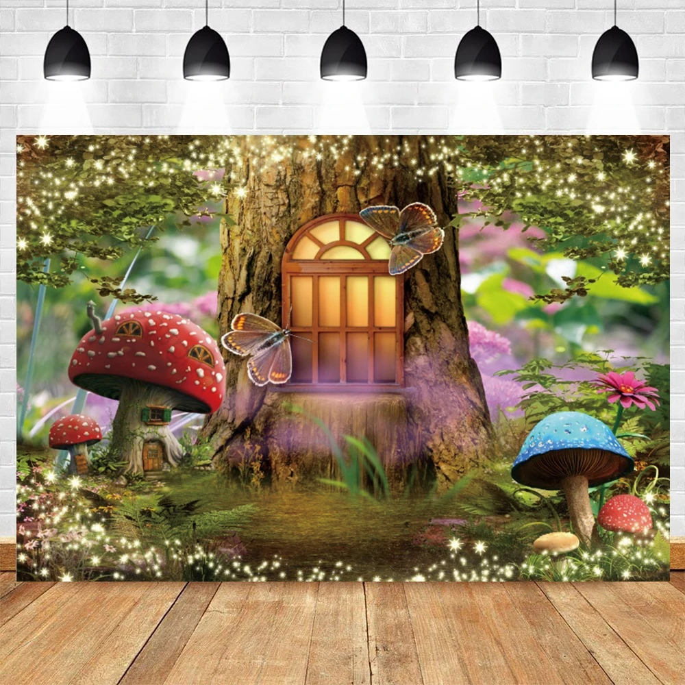 Dreamy Jungle Forest Photography Backdrop Fairy Tale Wonderland Butterfly Mushroom Baby Birthday Party Background Photo Studio