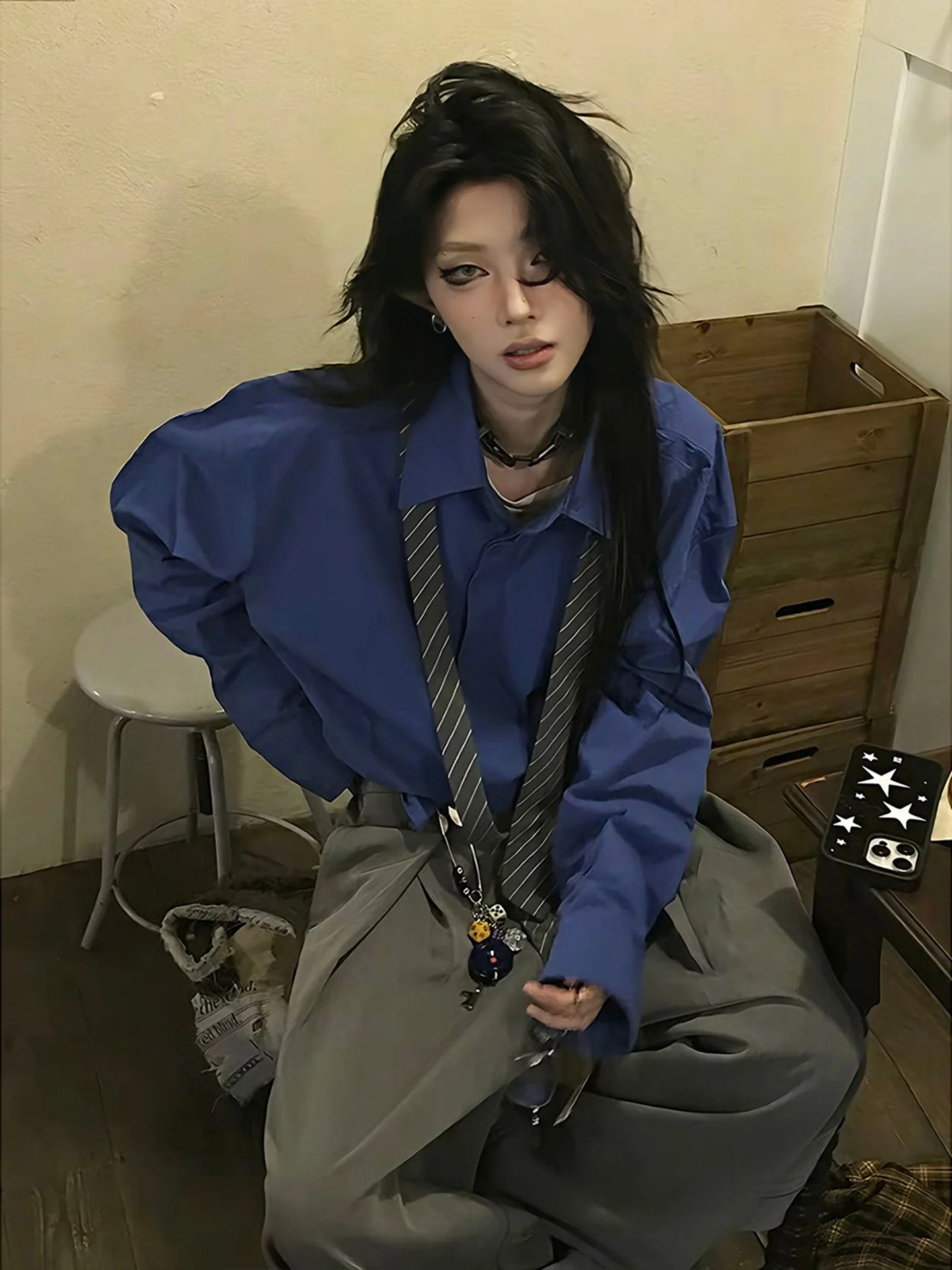 

Loose Fit Long Sve Klein Blue irt ex Spring High Street Sle Layering Casual irt American High End Feeling Jaet