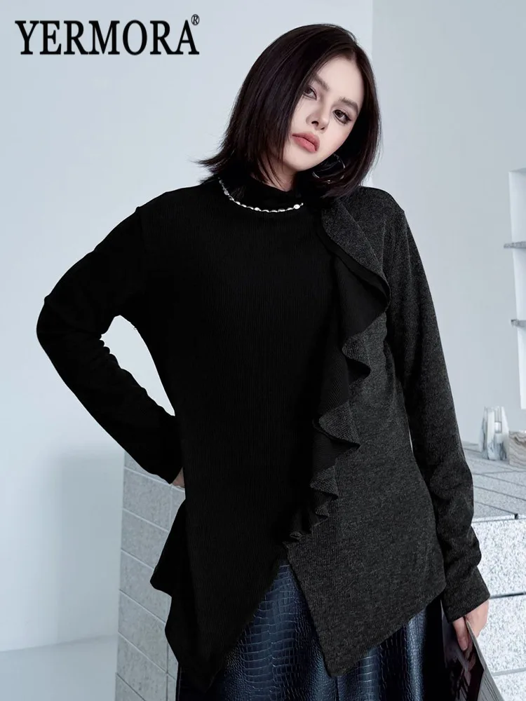 

YERMORA Black Ruffles Patchwork Knitting Pullover For Women O-Neck Long Sleeve Loose New Sweater Fashion Tide Spring Autumn 2025