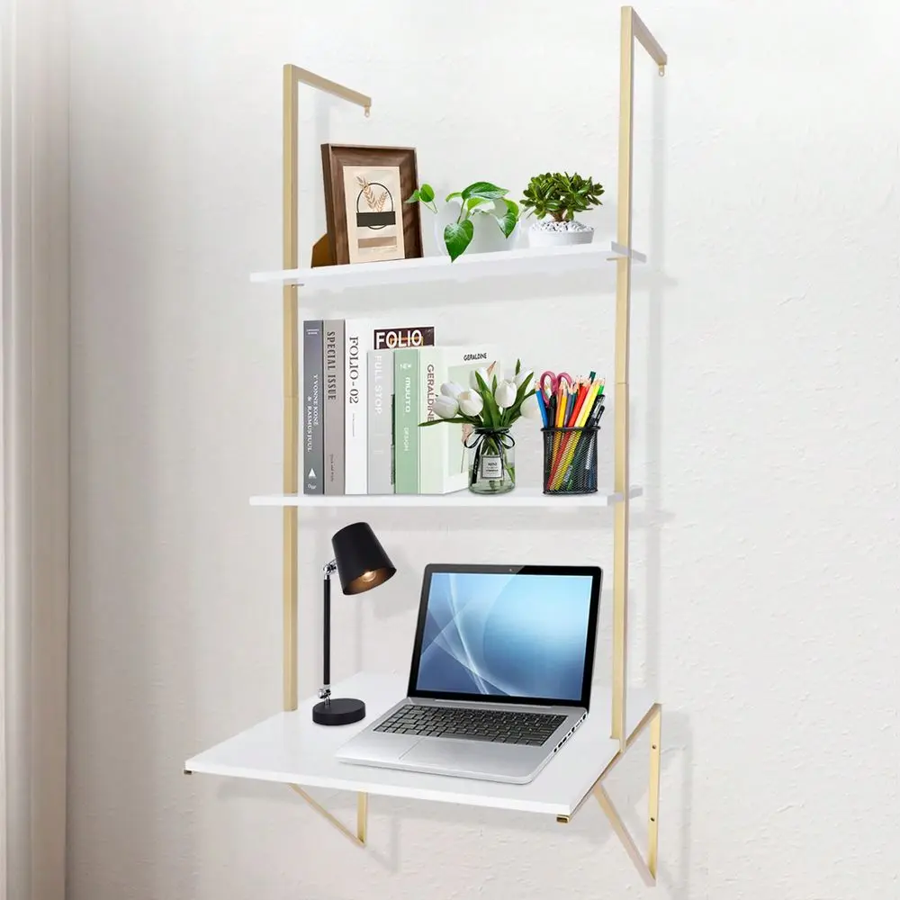 Wall Mount Desk 3Tier Ladder Computer Desk With Storage Bookshelf Wall Table Industrial Bookcase Desk Industrial Floating Shelv