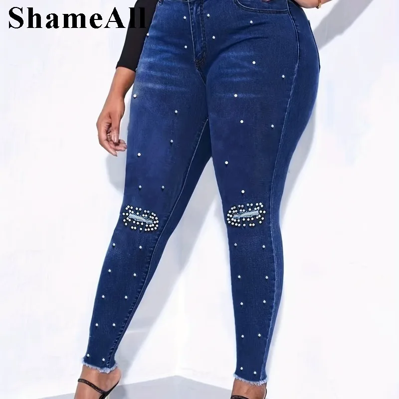 Women\'s Plus Size Sexy Skinny Jeans ,Faux Pearl Decor Raw Hem Denim Pants