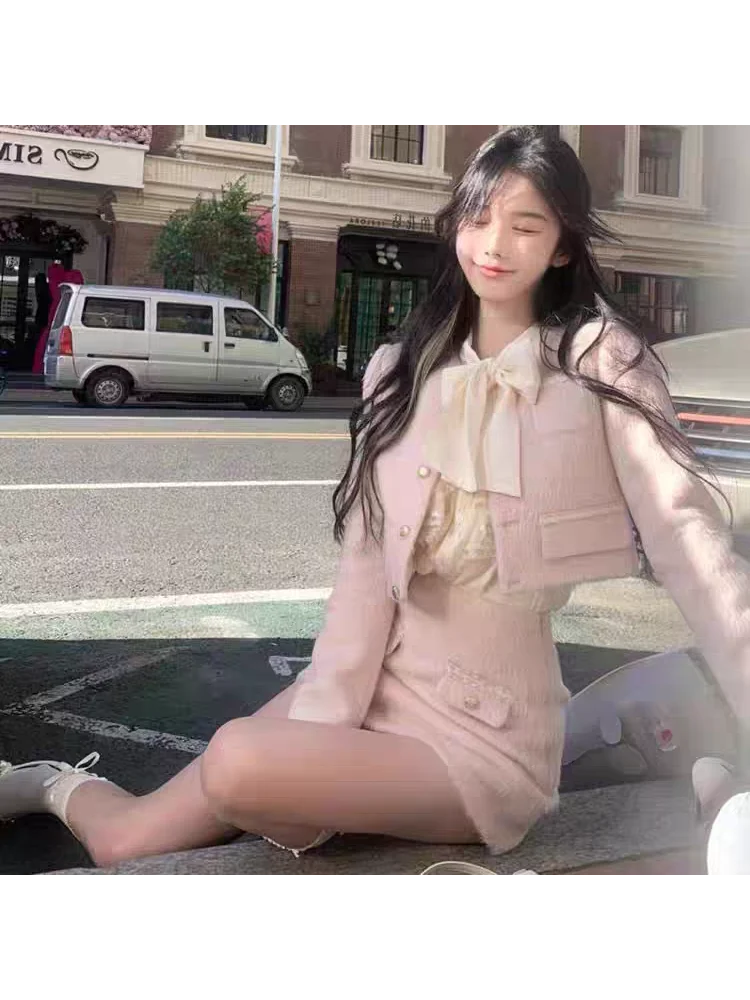 Elegant Pink Woolen Suit Set for Rich Girls Spring Autumn Winter Fashion  Dress High Waist Button up Warmth Comfortable Fit