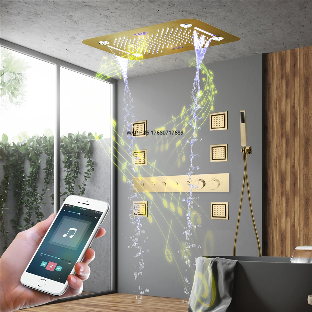 Потолочная встроенная 23x15 дюймов музыкальная светодиодная насадка для душа с дождевой водопадом, современный латунный термостатический смеситель, керамический сердечник клапана