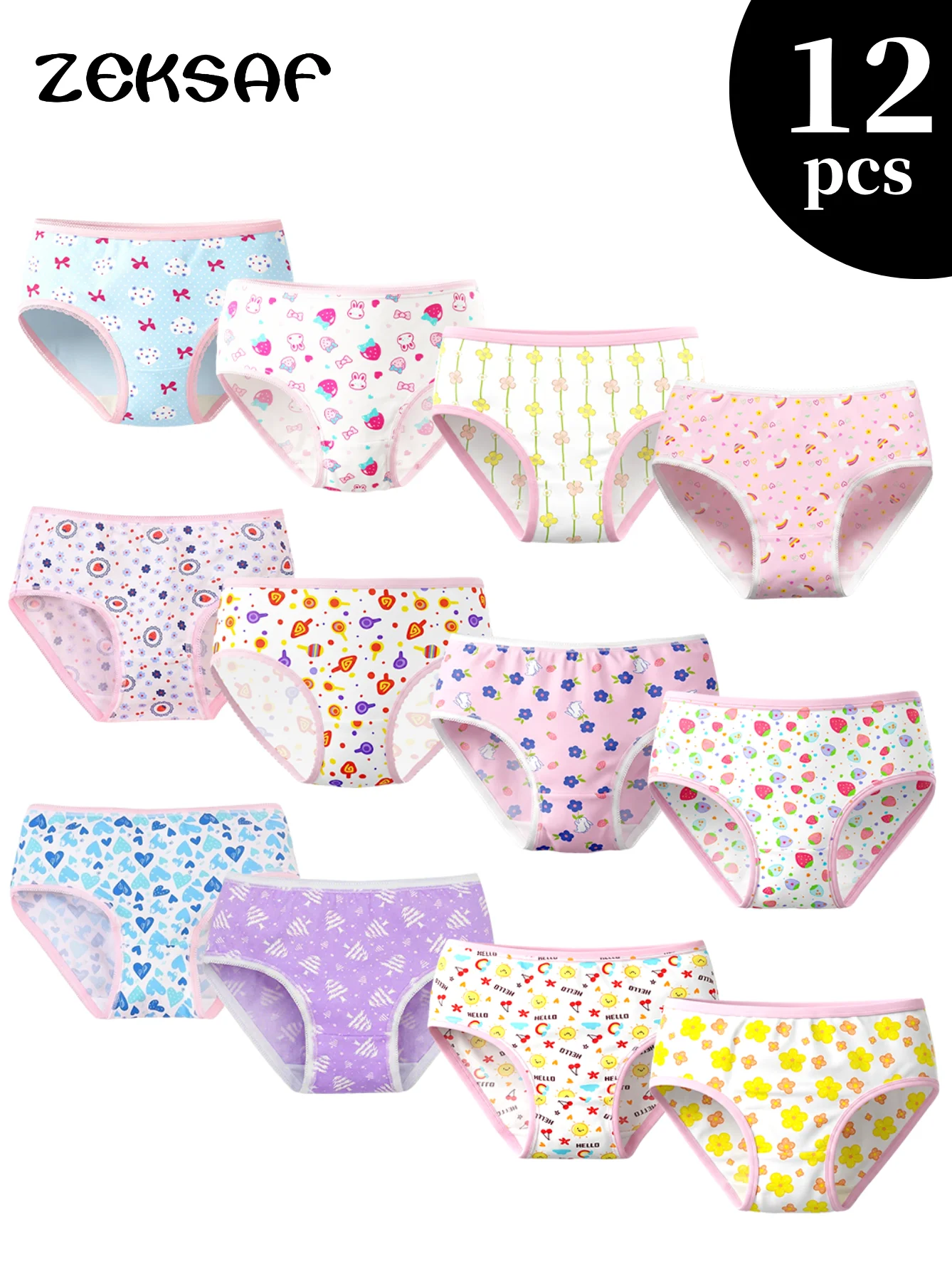 Girls Underwear Soft Micro Fiber Comfortable Colorful Print 12 Pack Girls Panties