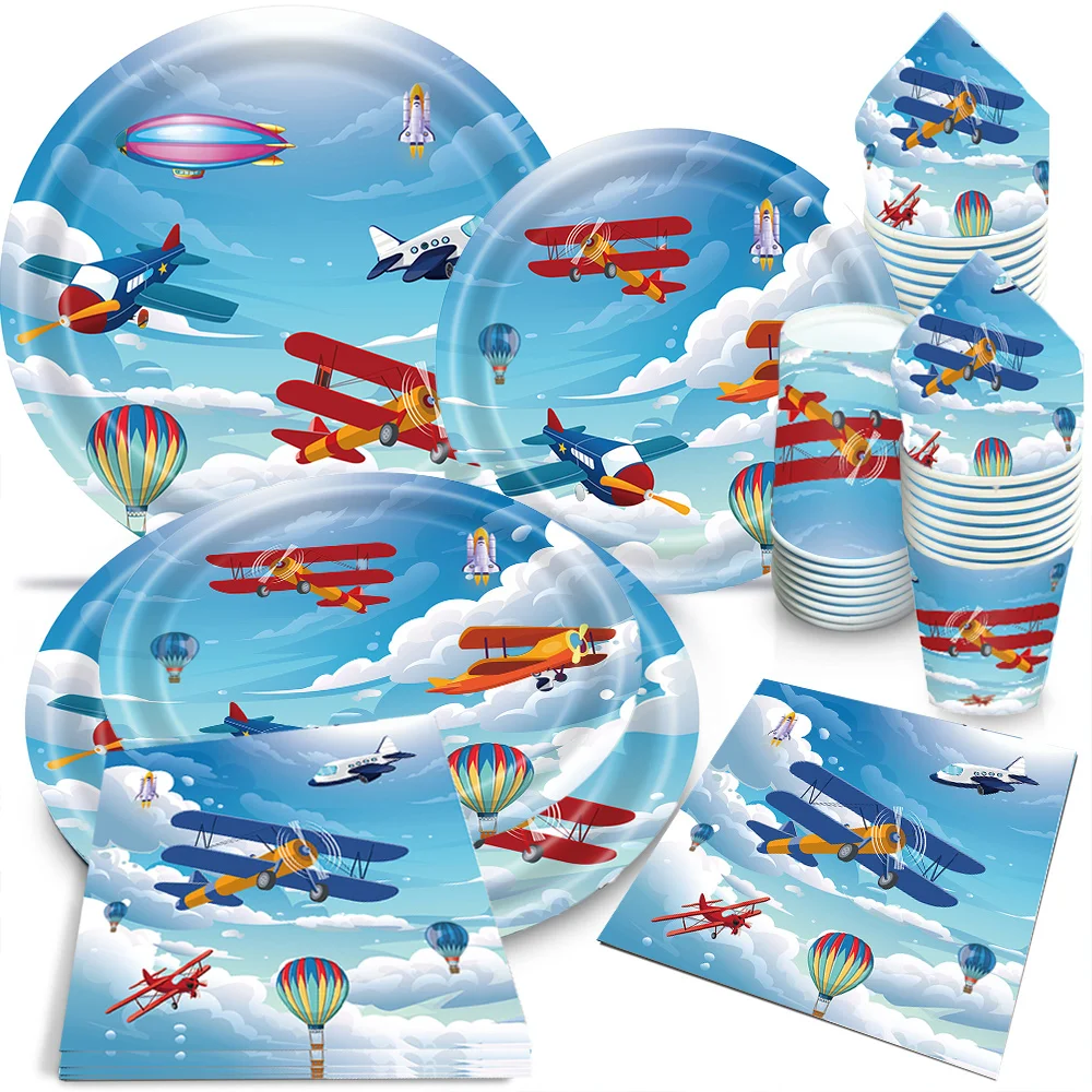 51pcs Disposable Airplane Tableware Set With Dinner Plates Tablecloth Napkins Cups Flight Party Decor Supplies Serve 10 Guests